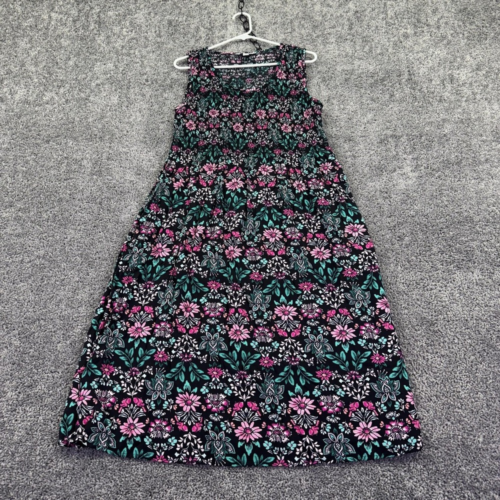 Croft & Barrow Sundress Womens Large Black Floral Smocked Scoop Neck Stretch